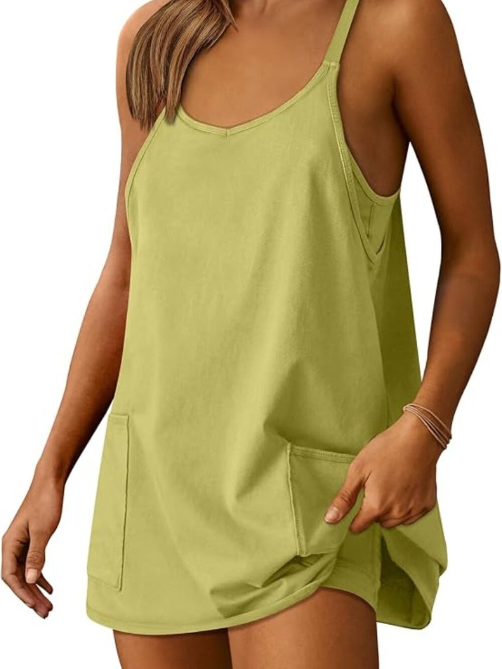 Women’s Chartreuse Pocket Romper Dress with Built-in Shorts